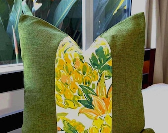 Tropical Pineapple Pillow Cover/ Shades of Green Yellow and Orange Combined with Solid Green Barkcloth Fabric/, 20" x 20"/Accent Pillow