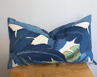 Blue, Green and Off White Banana Leaf Accent Pillow/14" x 24" Tommy Bahama Print Pillow Cover