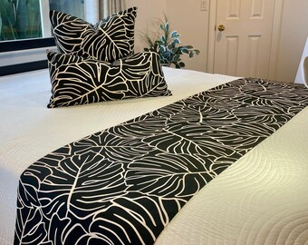 Tropical King Bed Runner/Black and Cream Monstera Leaf Print in Hawaiian Bark Cloth 18.5 X 110