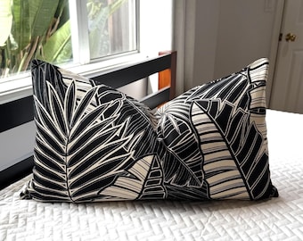 Tropical Black and Cream Palm Leaf Lumbar Accent Pillow Covers/14" x 24" Hawaiian Barkcloth