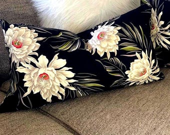 Black and White Hawaiian Floral Lumbar Accent Pillow/12" x 22" Hawaiian Barkcloth