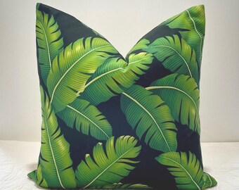 Tropical Palm Leaf Print Pillow Cover in Black and Shades of Green/20" x 20" /Handmade Home Decor