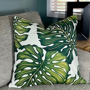 Monstera Tropical Leaf Print Pillow Cover in Teal, Green and Off White, 20" x 20"/Handmade Home Decor