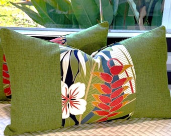 Reversible Lumbar Pillow Cover: Hawaiian Bark Cloth, Tropical Floral Print, 14" x 24"