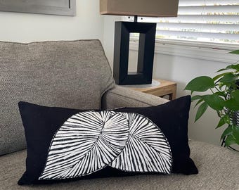 Tropical Leaves Lumbar Pillow Cover: Black Bark Cloth, Appliqued Design,