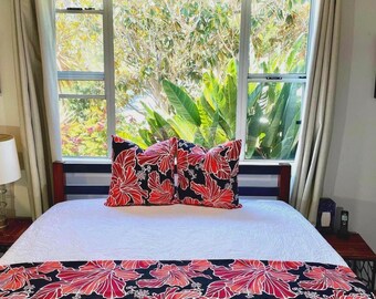Hibiscus Bed Runner: Red, Black & White Tropical Decor - King Size