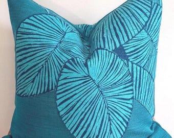 Appliqued Tropical Leaf Print Pillow Cover/ 20" x 20" Aqua and Navy
