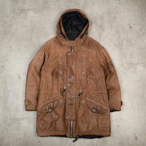 Parka In Pelle Giubbotto uomo Marrone con cappuccio XL 52