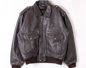 ヴィンテージレザーボンバージャケット ブラウン XL - Etsy 日本