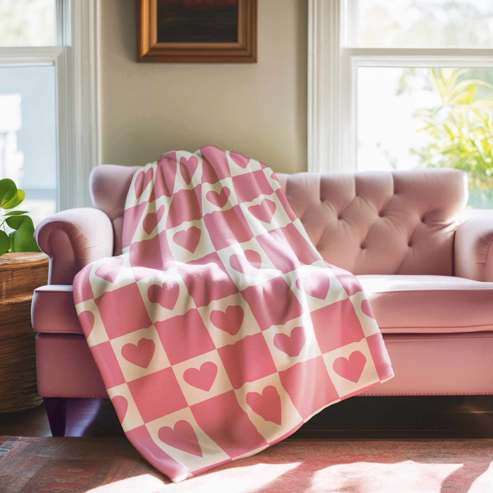 Pink Checkered Blanket for Galentines Day Gifts Valentines Day Home