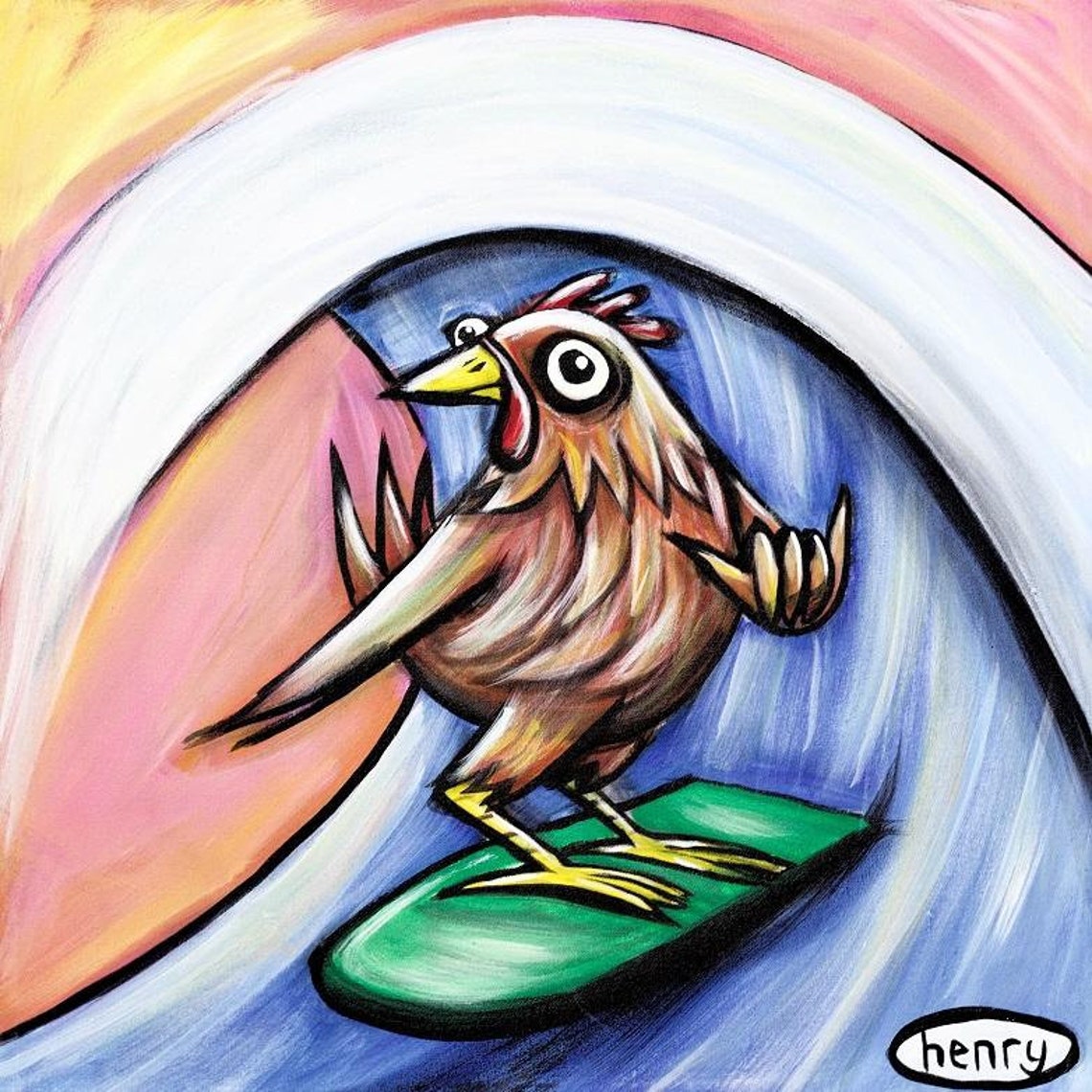 Rooster Surfing Canvas Giclee Print Featuring Original Art by | Etsy