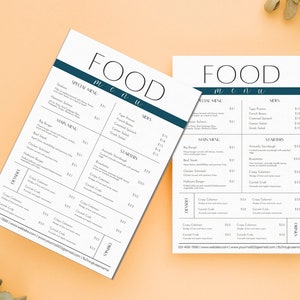 Menú de comida de restaurante, Plantilla de menú de restaurante de bricolaje, Plantilla de lista de precios imprimible de bricolaje, Lista de precios de plantilla editable