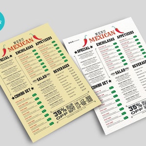 Bearbeitbare Menüvorlage für mexikanische Lebensmittel, mexikanische Menükarte, druckbare Menüvorlage für das Restaurant, CANVA Menüvorlagen für mexikanische Lebensmittel