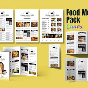 Menú de comida Pack Canva, plantilla de menú de comida de restaurante tríptico Canva, plantilla de menú de comida de restaurante plegable