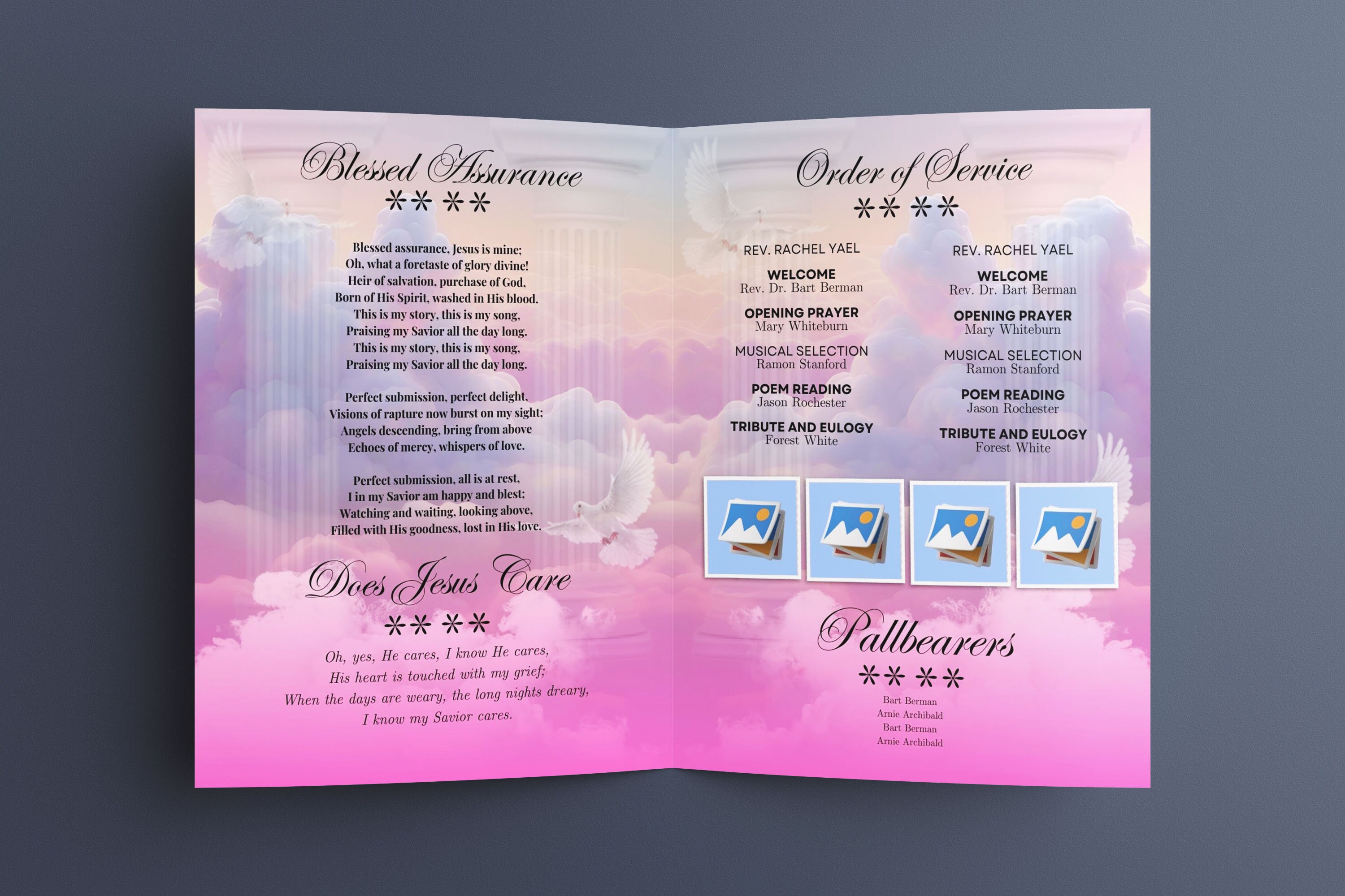 Modern Pink Funeral Program Template , Editable Bi-fold Black & Gold ...