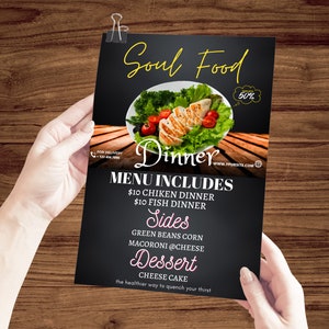 Plantilla de volante de menú de comida para el alma, Folleto de recaudación de fondos para cena de comida, Plantilla de Canva de volante de menú de restaurante,