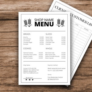Plantilla de menú de panadería editable, lista de precios de panadería, formularios de negocios de panadería, plantilla de lista de precios de golosinas de panadería