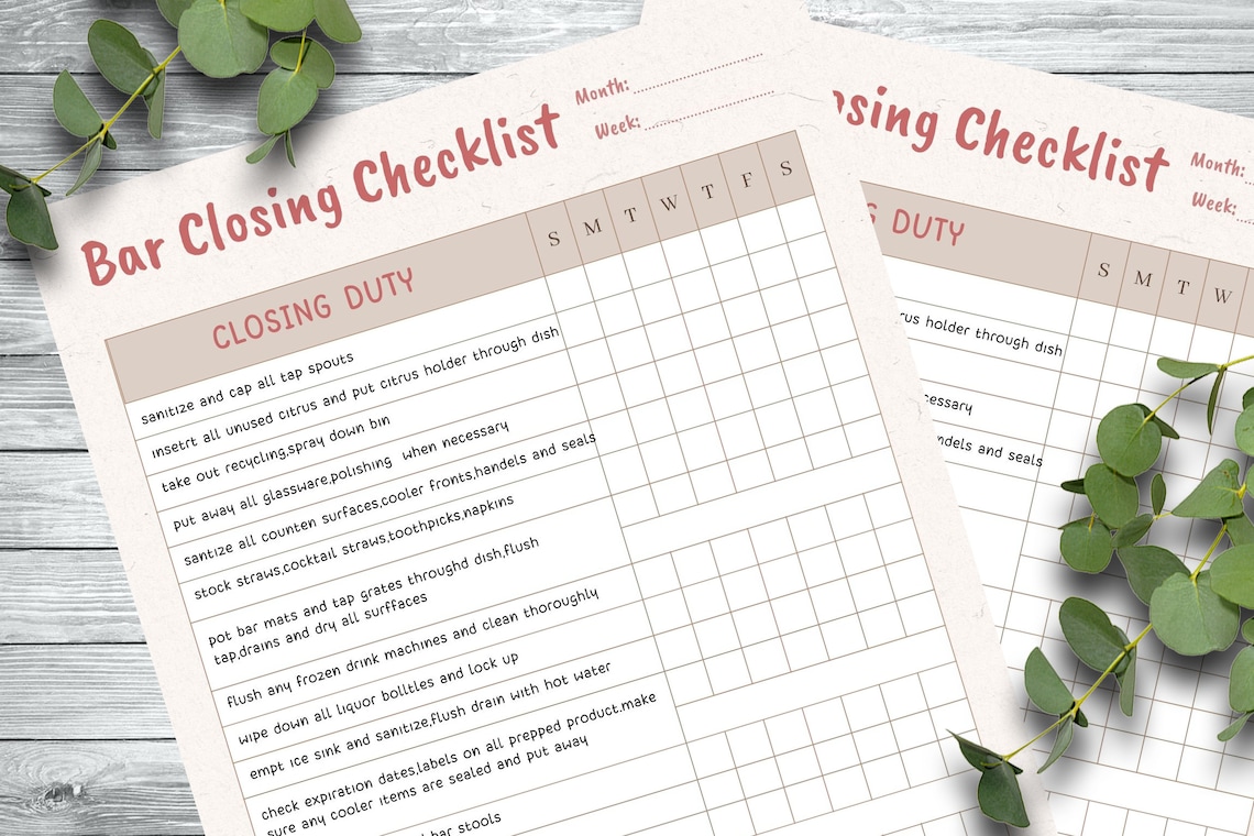 Editable Bar Closing Checklist, Restaurant Bar Cleaning List, Bar