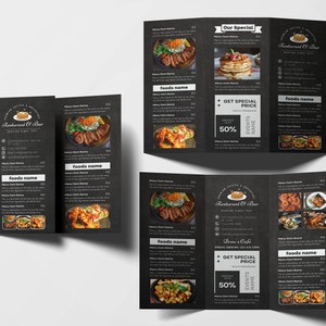 Plantilla de folleto de menú de comida con tres pliegues en negro, plantilla de menú de restaurante moderno, plantillas de menú de restaurante, plantilla de menú de comida rápida