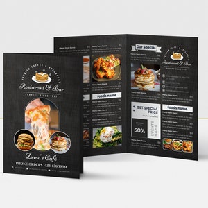 Bi-Fold A4 Food Menu Zwart Sjabloon, Eenvoudig Voedsel Menu Sjabloon, Modern Eten Menu Sjabloon, Restaurant Eten Menu Sjabloon, voedsel Prijslijst