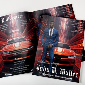 赤い車の雑誌スタイルの葬儀プログラム Canva テンプレート 17"x11" 小冊子 (8 ページ)