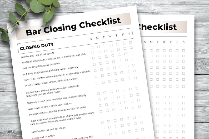 Bar and Restaurant Closing Checklist, Restaurant Bar Cleaning List