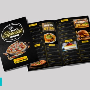 Modelo de folheto de menu de comida bifold, modelos de folheto de restaurante bifold, modelo de menu de comida