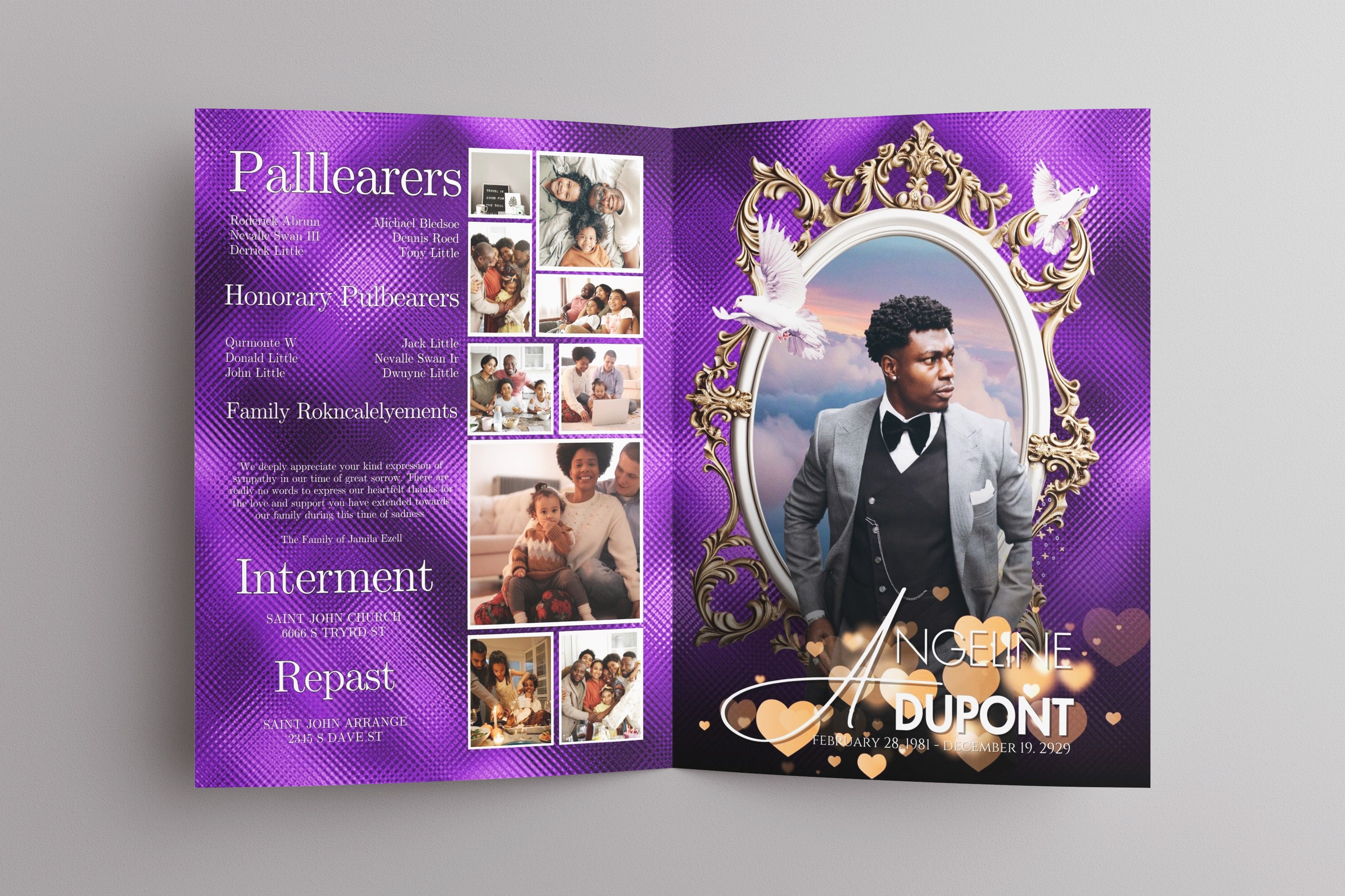 Magazine Style Purple Obituary Template (8 Pages) Purple Style Funeral