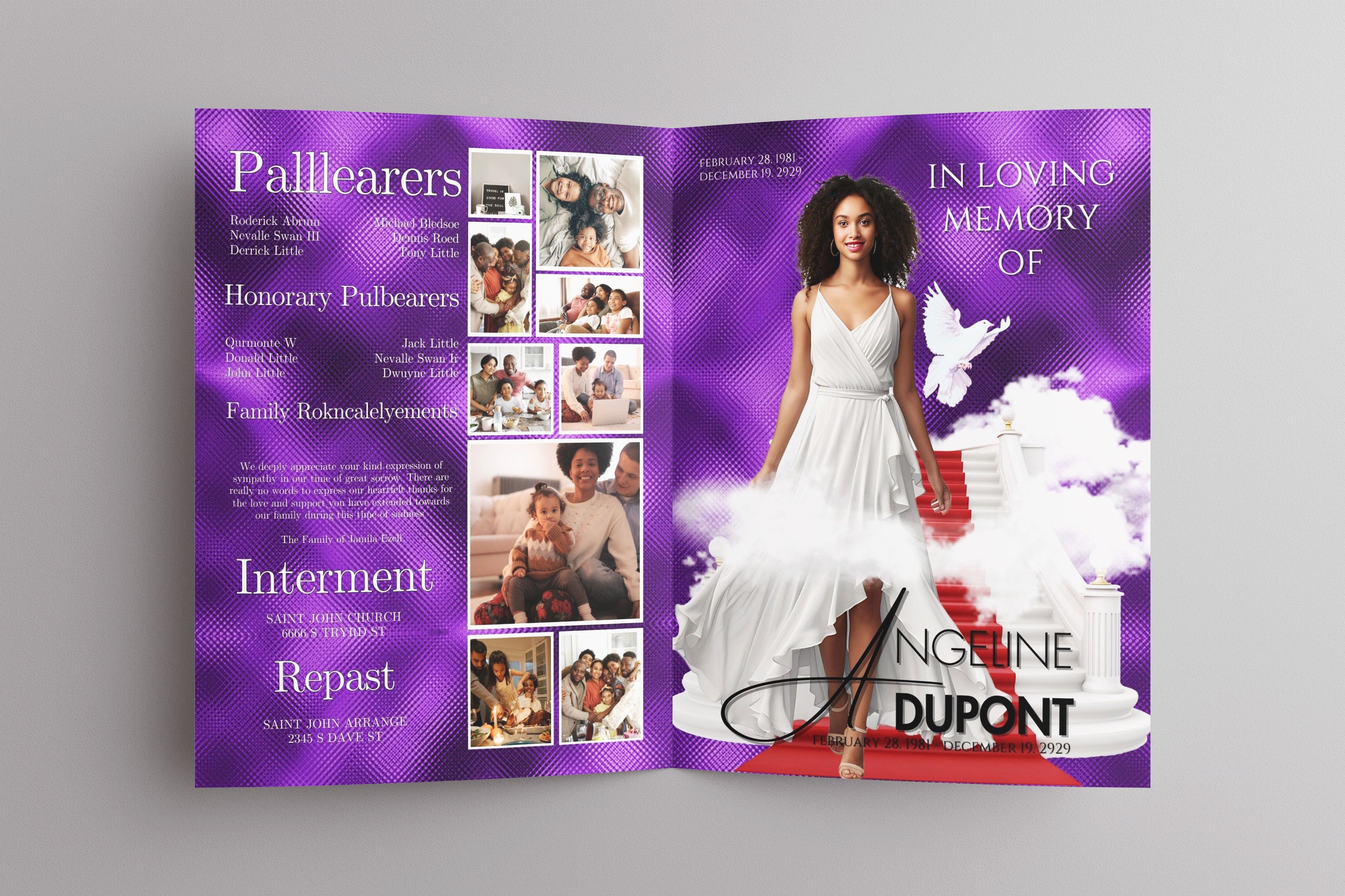 Purple Obituary Template (8 Pages) Purple Style Funeral Program 8