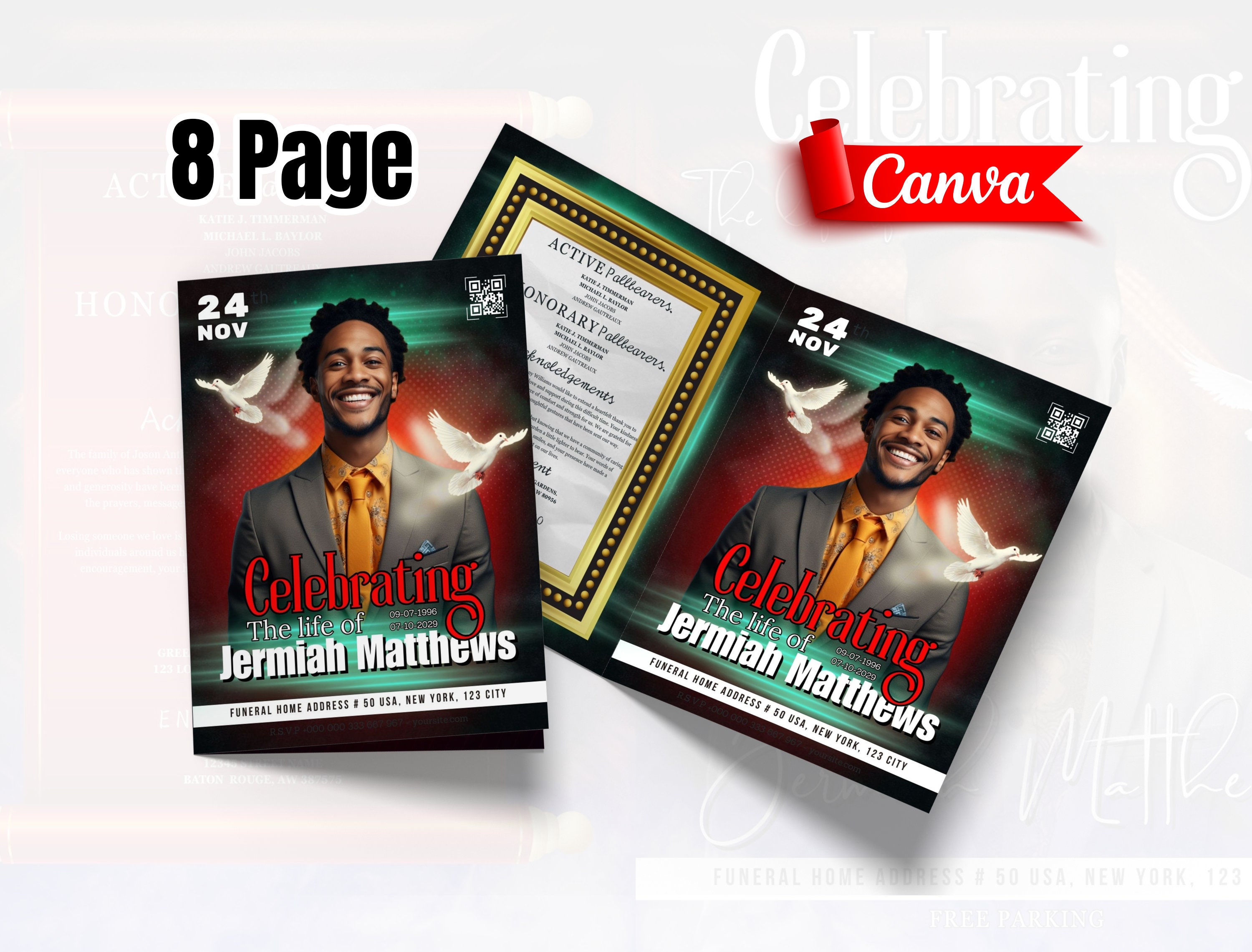8 Page Red Funeral Program Template Canva Funeral Template - Etsy