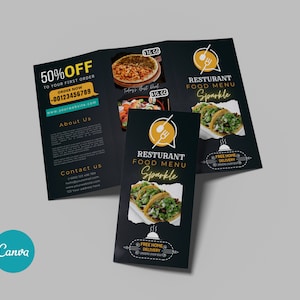 Modelo de folheto tríptico para restaurante, Menu de comida tríptico, Folheto tríptico de comida, Folheto de menu de comida