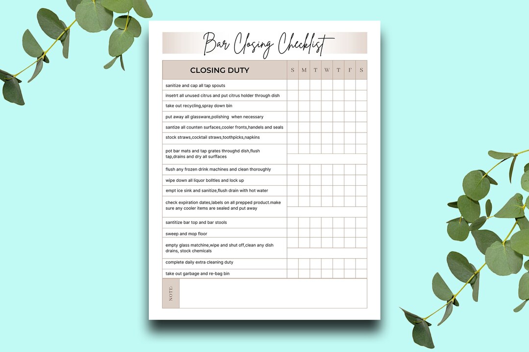 Restaurant Bar Cleaning List, Editable Bar Closing Checklist, Bar