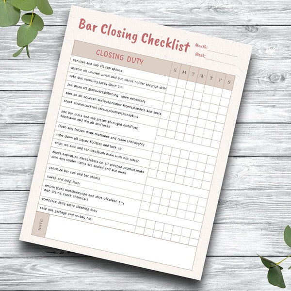 Editable Bar Closing Checklist, Restaurant Bar Cleaning list, Bar Templates, Restaurant and Bar Editable Templates