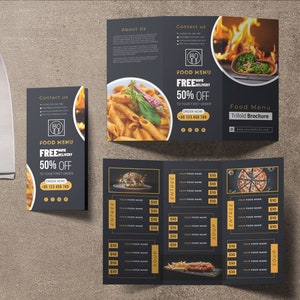 Plantilla de menú de comida para plantillas de menú de restaurante, plantilla de menú de comida rápida, plantilla de menú de bricolaje, menú tríptico de comida, folleto tríptico de comida