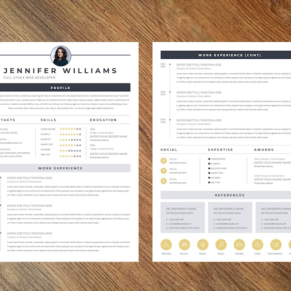 CV Template for 2 page, CV in Canva, Resume, CV, Cover Letter template, Curriculum Vita Template, Professional Cv