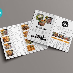 Plantilla de folleto plegable con menú de comida DIY en Canva, plantillas de menú de restaurante, plantilla de menú de comida rápida, plantilla de menú DIY