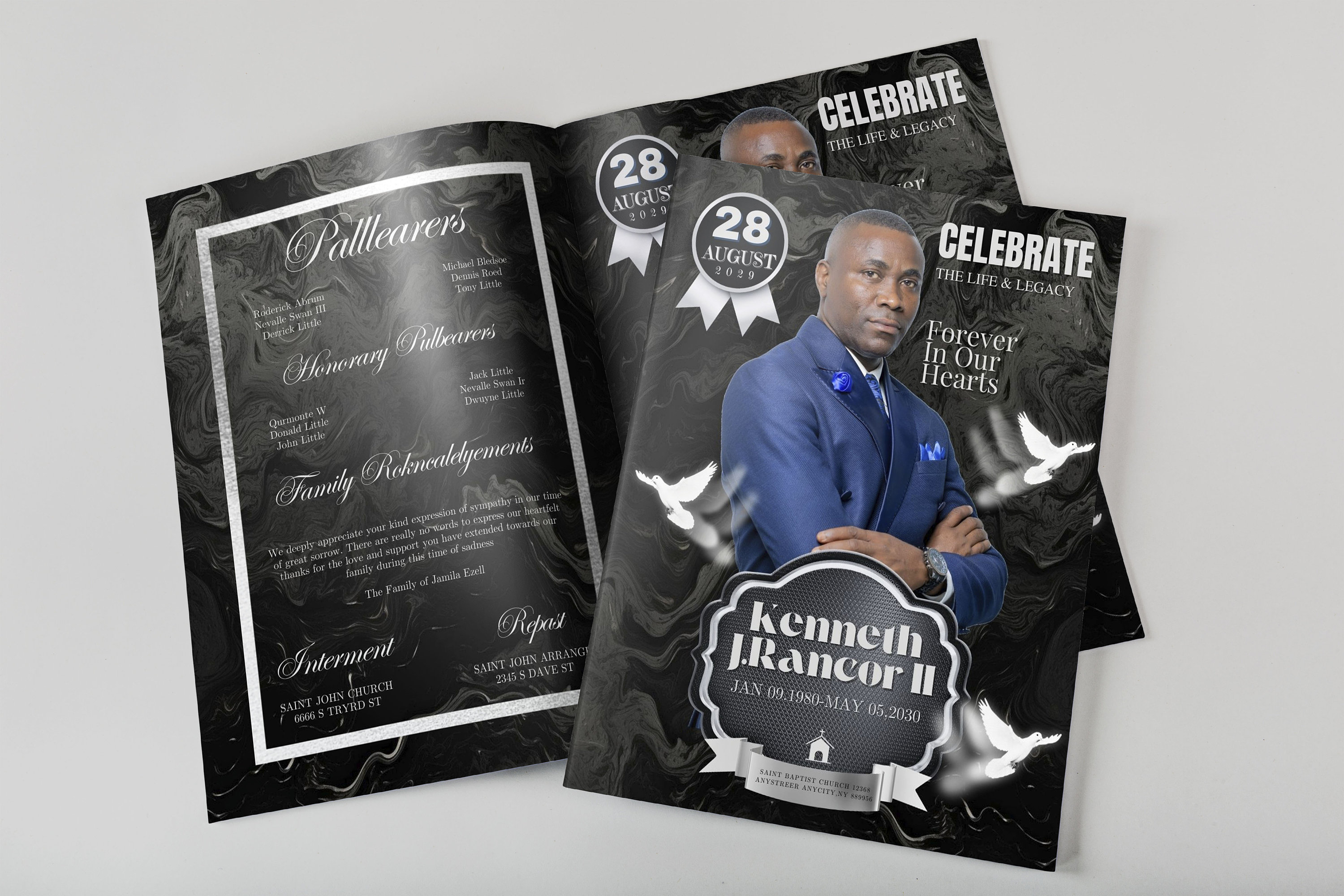 8 Page Modern Black Funeral Program Template Editable Bi fold Black 8 Page Modern Black Funeral Program Template Editable Bi fold Black