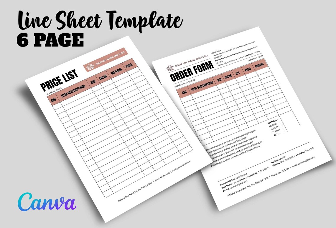 Editable Line Sheet Template, Wholesale Catalogue Canva Template
