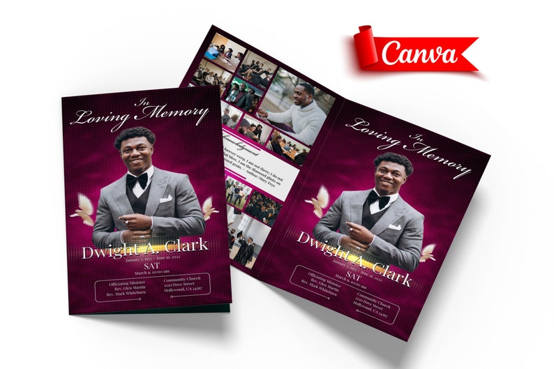 4 Page Funeral Program Template, Canva Funeral Template Printable, Editable Bifold Obituary