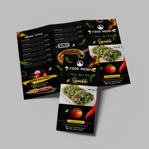 Plantilla de folleto tríptico de menú de comida, plantilla de volante de menú de comida, folleto de restaurante imprimible, plantilla de menú de comida, plantilla de menú