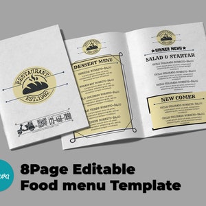 Plantilla de menú de restaurante minimalista de 8 páginas, plantilla de menú de comida y bebida simple, menú de restaurante, menú de comida simple, menú de restaurante DIY