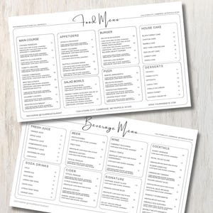 Plantilla de menú minimalista de comida y bebida, plantilla de menú editable, lista de precios, plantilla de menú de restaurante, menú moderno, horario de apertura del restaurante