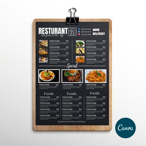 Plantilla de impresión de menú especial de restaurante, plantilla de menú de comida canva, menú de comida con imagen, menú de comida para camión de comida, menú de comida svg