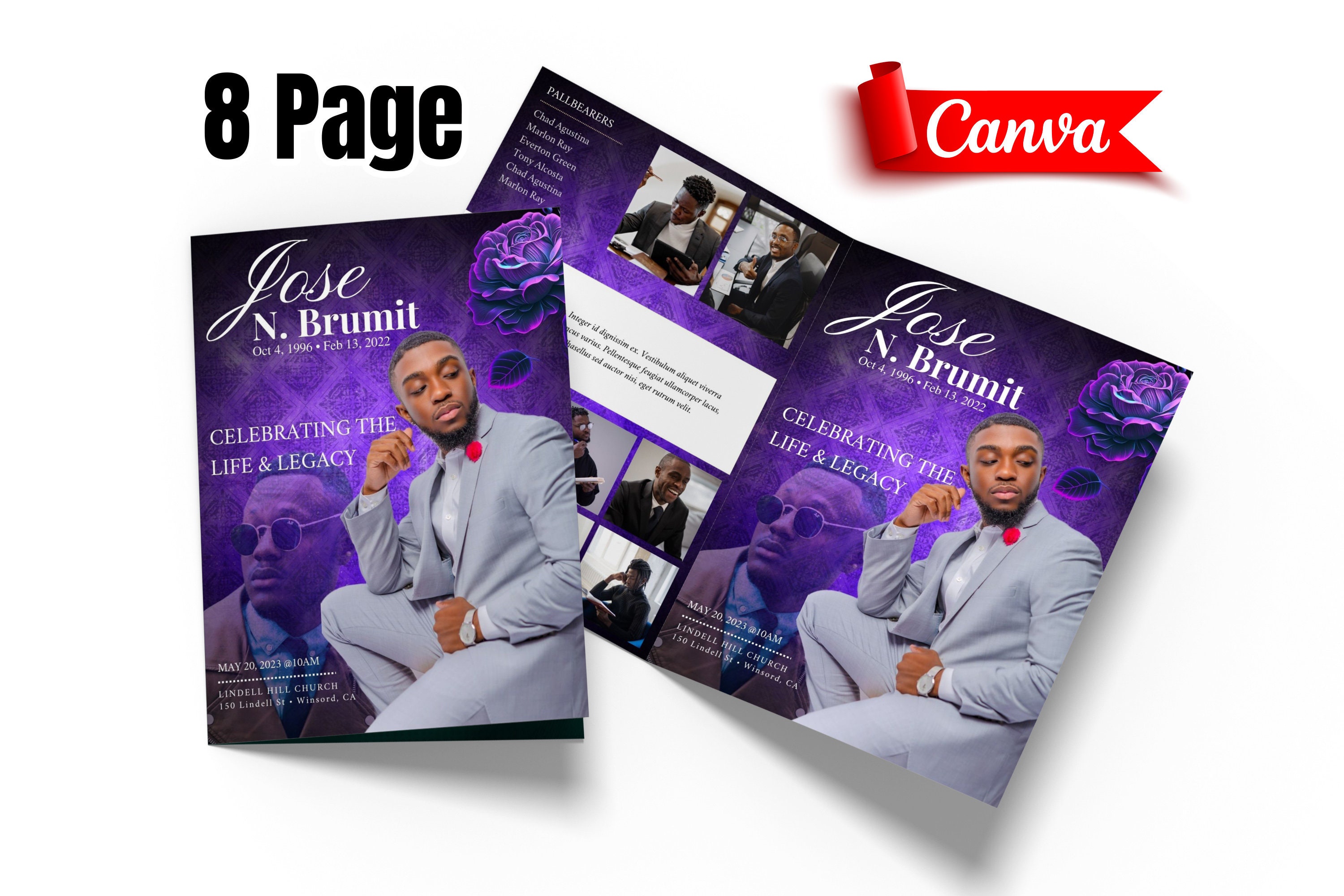 8 Page Purple Funeral Program Template, Canva Funeral Template ...