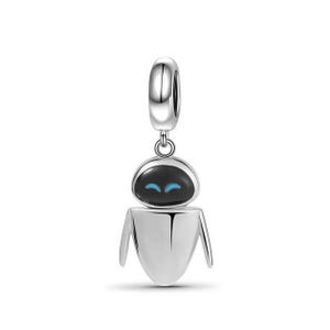 May include: Silver charm featuring a robot with a black head and blue eyes. The robot has a silver body and is designed to resemble a character from a popular animated film.