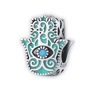 Lucky Hamsa Evil Eye Fatima Palm Bead Charm for Pandora Bracelet Necklace,100% Genuine 925 Sterling Silver Charm, Best Gifts