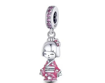 Charm colgante de niña japonesa compatible con pulsera Pandora, 100 % plata de ley 925 auténtica, el mejor regalo.