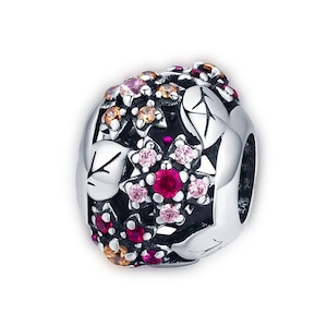 Pink Sakura Round Flower Leaves Bead Charm for Pandora Bracelet Necklace,100% Genuine 925 Sterling Silver Charm, Best Gifts
