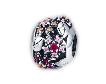 Pink Sakura Round Flower Leaves Bead Charm for Pandora Bracelet Necklace,100% Genuine 925 Sterling Silver Charm, Best Gifts