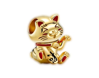 Cute Fortune Cat Charm for Pandora Bracelet Necklace,100% Genuine 925 Sterling Silver Charm, New Year Gift